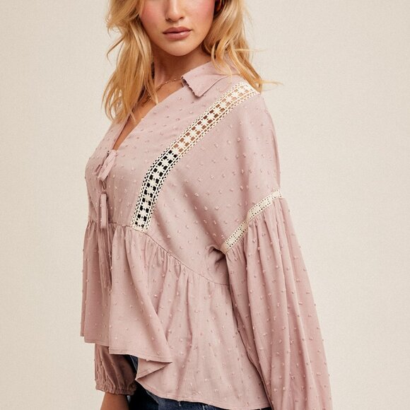 HEM & THREAD Mauve Swiss Dot Lace Trim Blouse, Boho Peasant Top with Tie Front - Picture 3 of 5